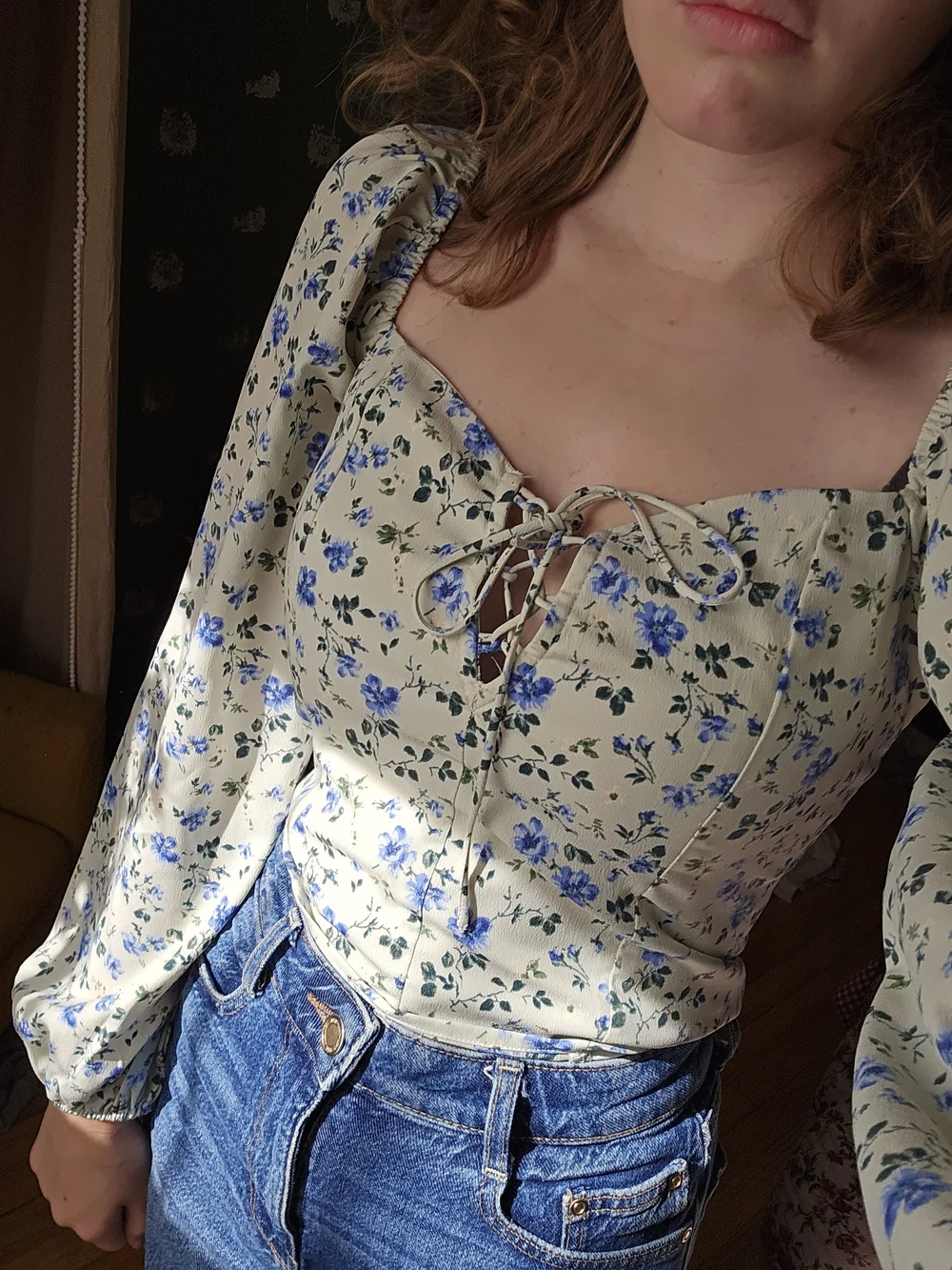 Abercrombie & Fitch Cream Blouse with Blue Floral Lace-Up Front